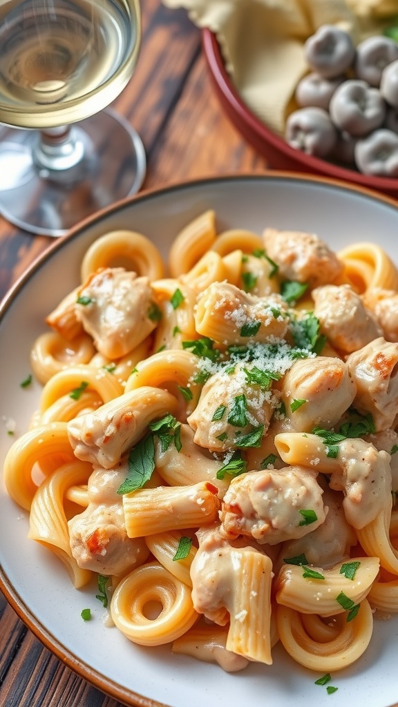 Creamy garlic parmesan chicken pasta garnished with parsley and parmesan on a rustic table.